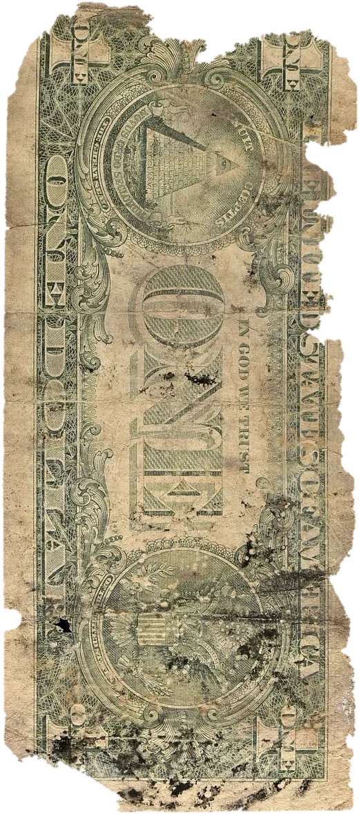 Reverse of specimen FF-B04548016G: the Great Seal of the United States, the pyramid still crisp in green while black mold climbs over the eagle from the bottom edge