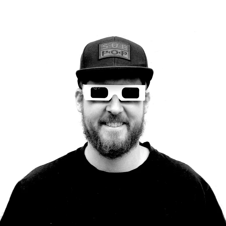 Coldie, the artist behind Filthy Fiat, in red and cyan 3D glasses